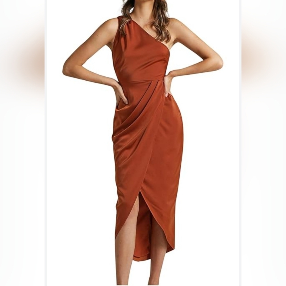 #1383 Lyaner split wrap one- shoulder ruched stretch satin sz M